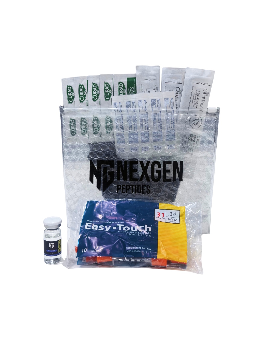NexGen Peptides Kit with syringes, bacteriostatic water, and alcohol swabs for research peptide preparation