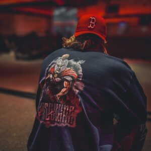 NexGen x Barbarian collaboration sweater back view with skull graphic design